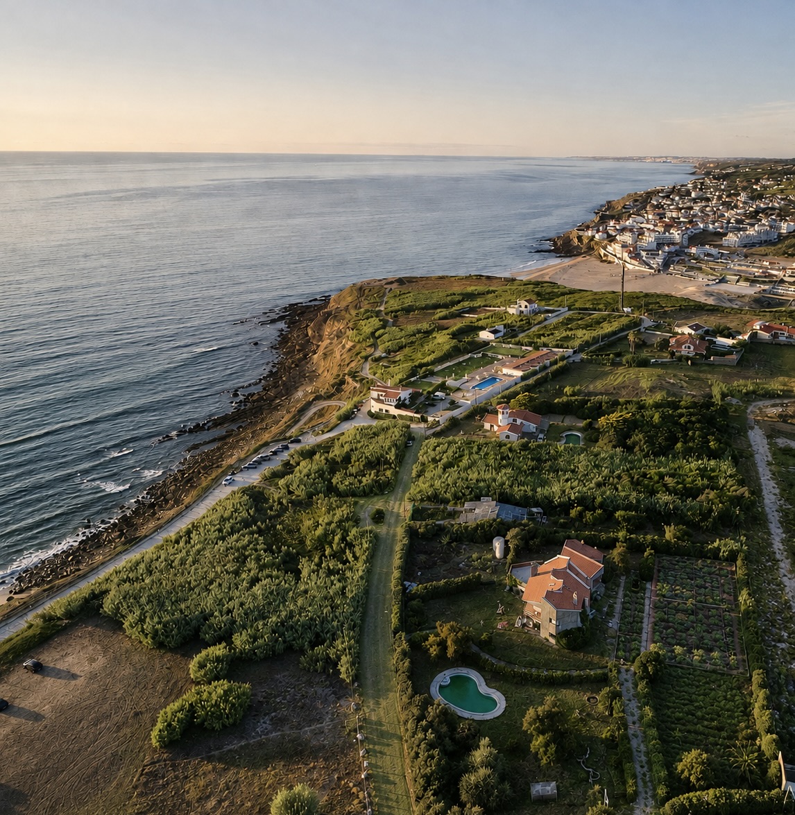 Aerial view of Ocean's Garden — a regenerative home on the Atlantic coast