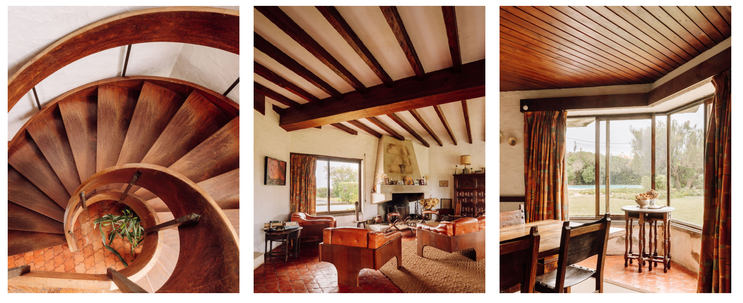 Warm wooden interiors — a spiral staircase, a beamed living room, and a corner room opening onto the garden